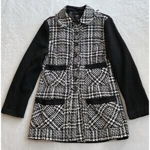 Luii Chic Black White Fringe Houndstooth Plaid Jacket Car Coat Size Large Wool